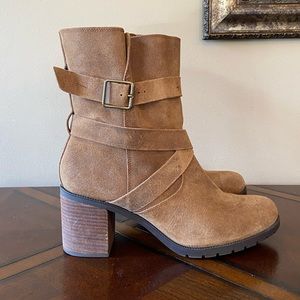 CLARKS Artisan Suede Malvet Doris Boots Tan/Taupe SZ 11 Midcalf Buckle